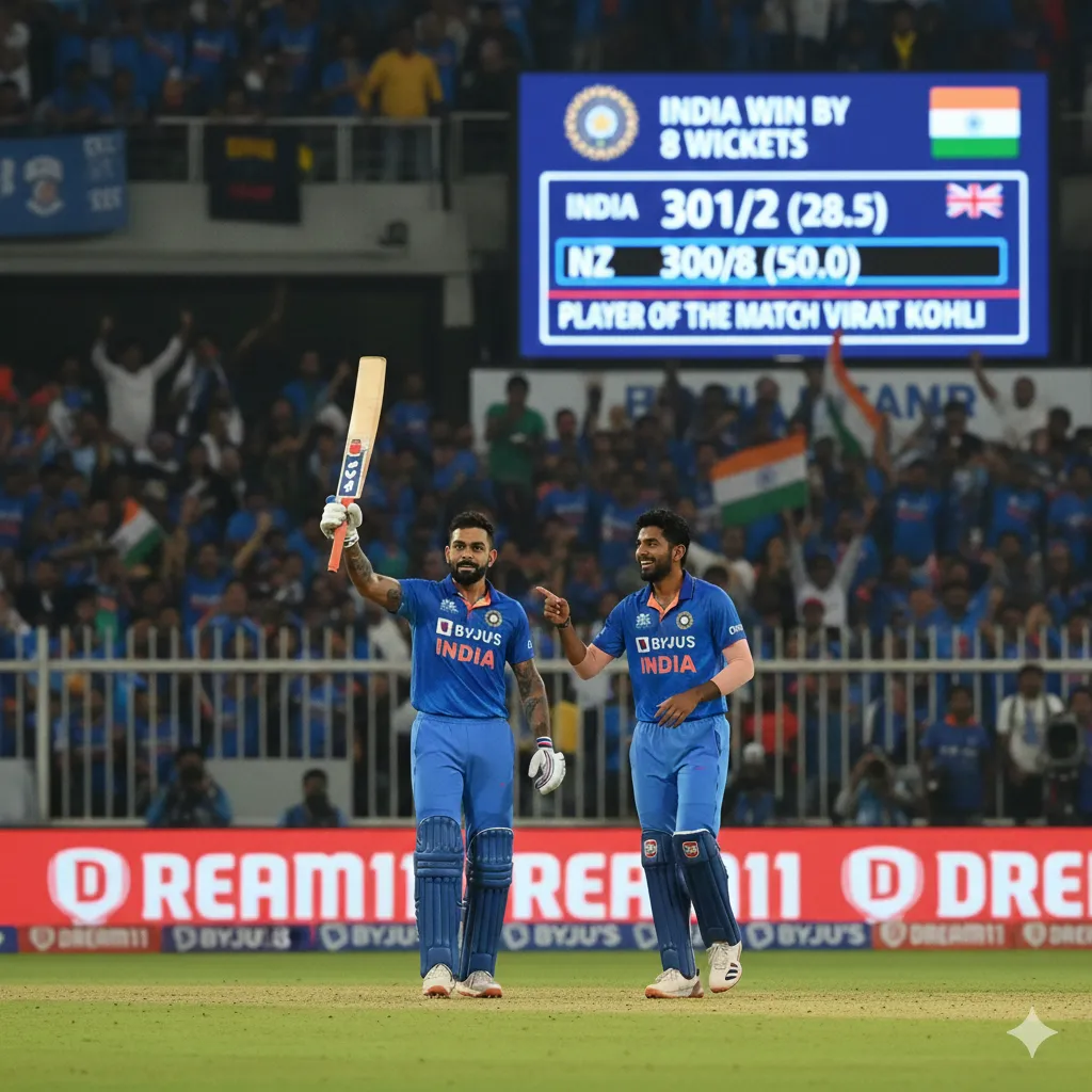 Cricket Ind Vs Nz ન્યૂઝીલેન્ડે ભારતને આપ્યો 301 રનનો પડકાર, કોહલી-ગિલની જોડી ધુંઆધાર ફોર્મમાં! 2 Kohli and subhman gill.png