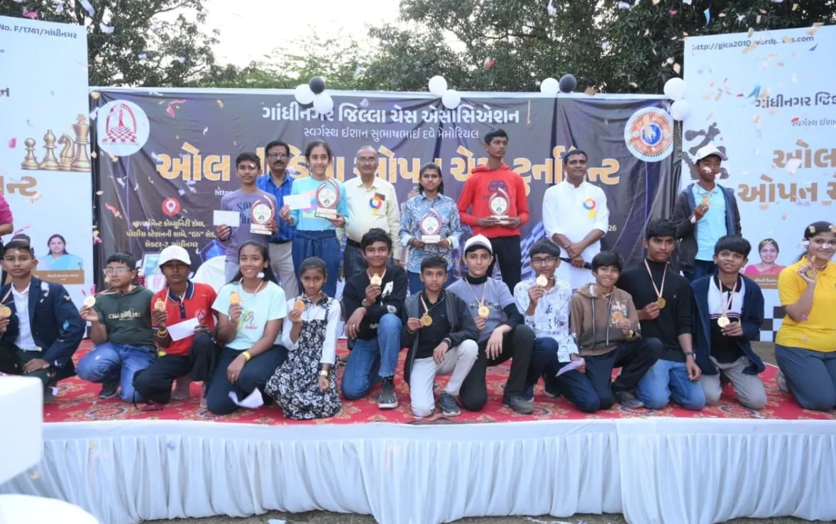 ગાંધીનગરમાં અખિલ ભારતીય ચેસ ટુર્નામેન્ટનો ધમાકેદાર આરંભ, ૭૦ ઇન્ટરનેશનલ ફીડે રેટેડ ખેલાડીઓ સહિત ૪૦૦થી વધુ સ્પર્ધકોનો ભાગ 2 gandhinagar national chess tournament 2026 1.jpeg