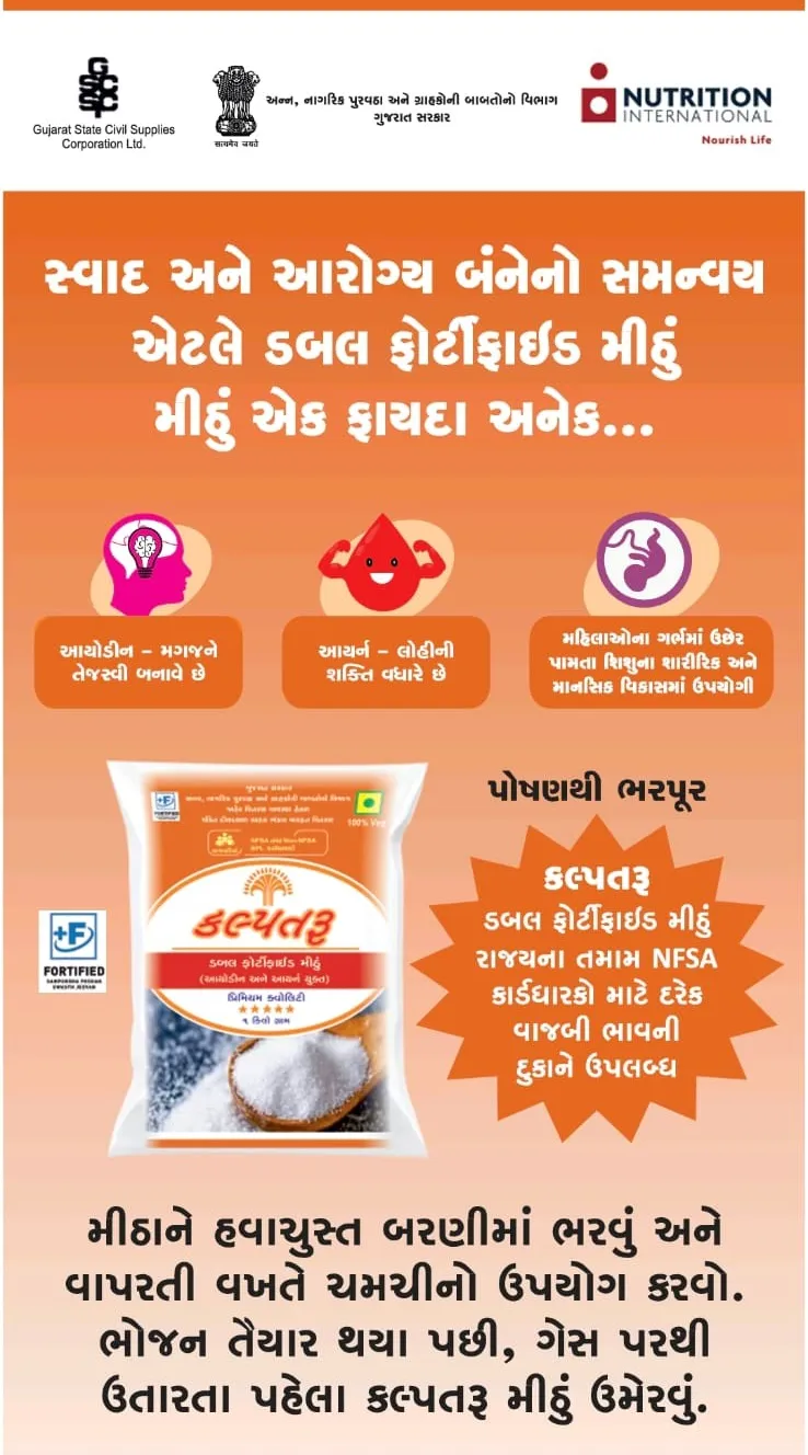 સ્વાદમાં કોઈ ફેરફાર નહીં, પોષણ અનેકગણું: ફોર્ટિફિકેશન અભિગમથી કુપોષણ અને એનિમિયા મુક્ત ગુજરાત તરફ સરકારનો સંકલ્પ 4 Gujarat Food Fortification Nutrition Mission 2026 3.png