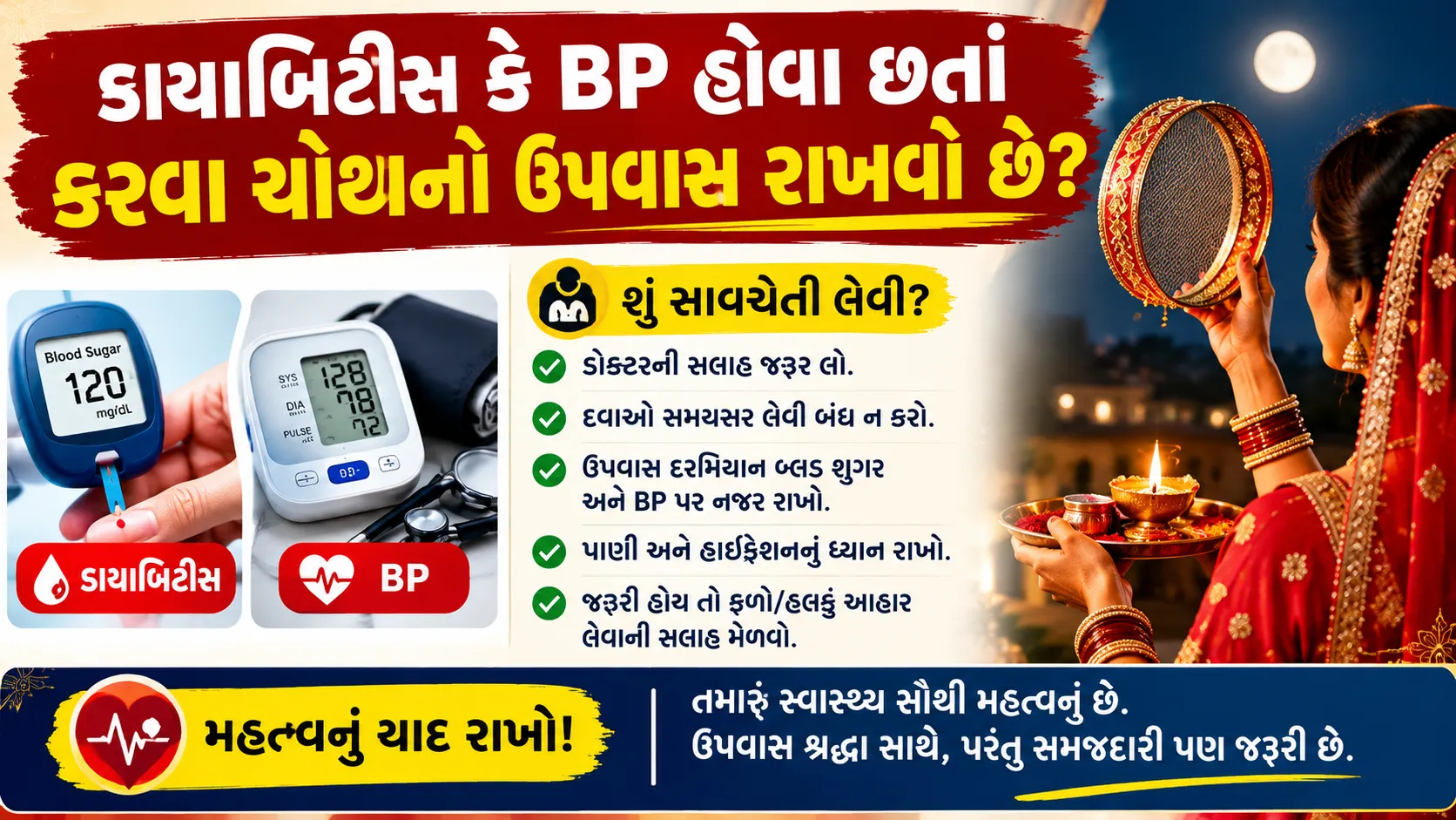 ડાયાબિટીસ કે BP હોવા છતાં કરવો છે કરવા ચોથનો ઉપવાસ? સરગીથી લઈને વ્રત ખોલવા સુધી રાખો આ ખાસ સાવધાની 2 Karwa Chauth Health Guide for Diabetes and BP.png